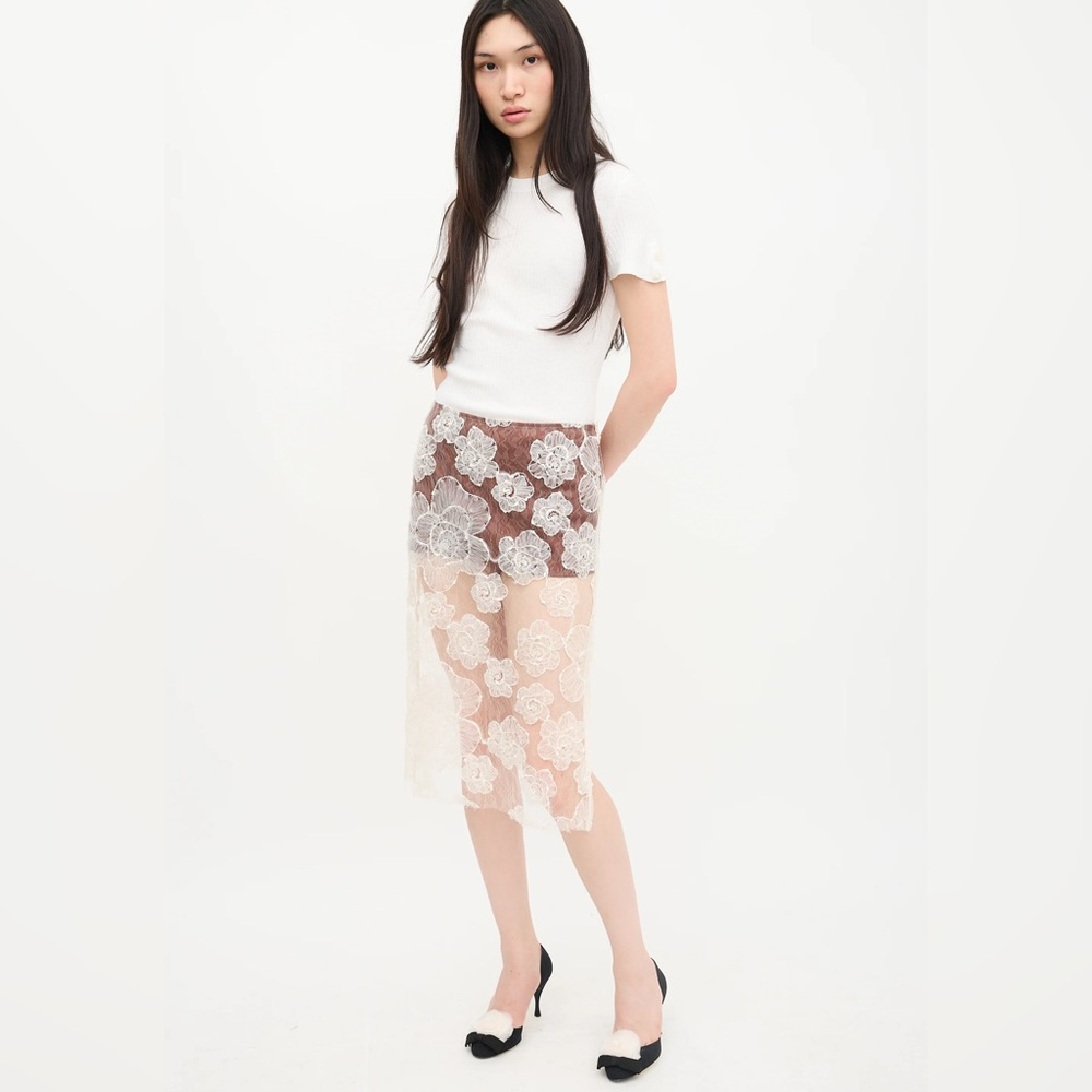 NWT Siedres Siam Sheer Floral Lace Midi Skirt in Cream and Brown size 34/XS